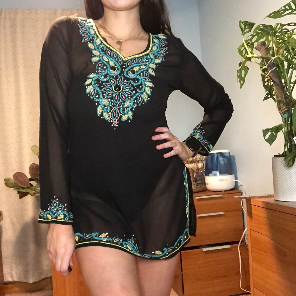 NWOT multicolored beaded sheer coverup dress